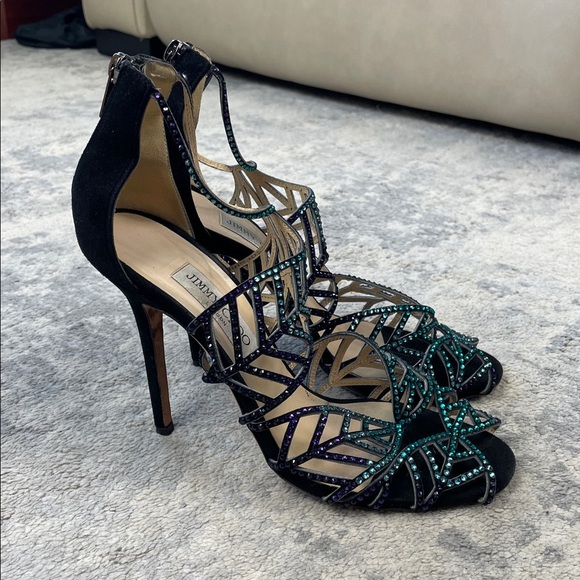 Jimmy Choo Kallai Leaf Sandal Heels Embellished Crystal Designer Sz 40 - Picture 5 of 14